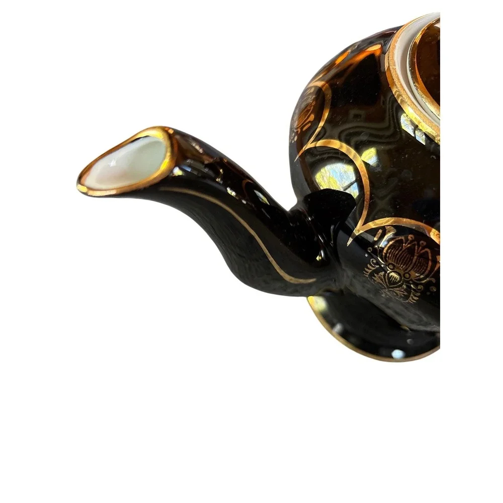 Hall China 0230 Black Gold Filigree 6 Cup Teapot Vintage Made in USA Ceramic